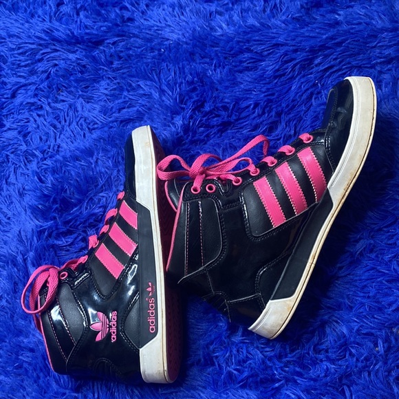 Adidas Black & Pink Lace Up High Top Sneakers Size 7 - Picture 13 of 14